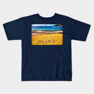 Surf Written In The Sand On The Beach Kids T-Shirt